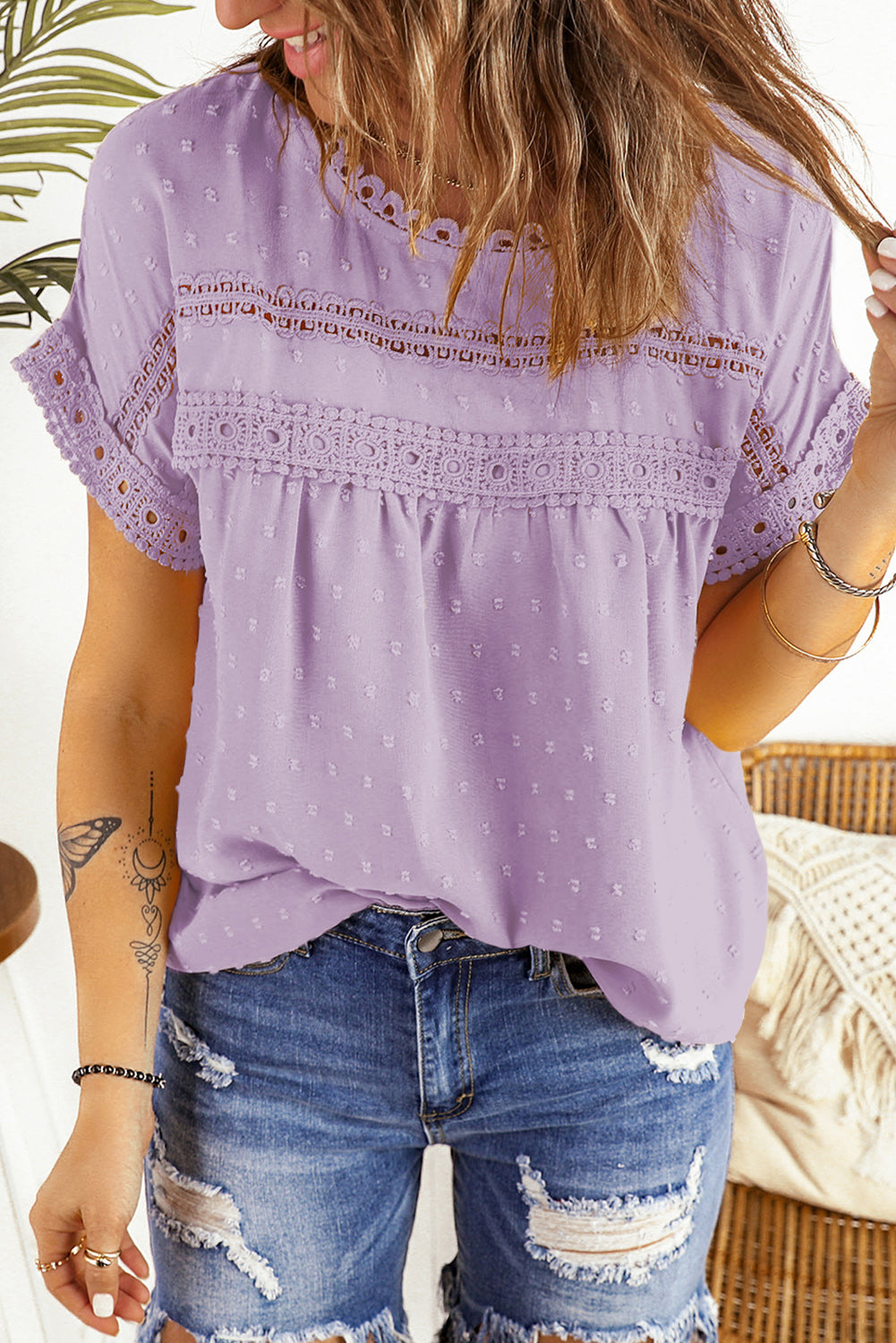 Swiss Dot Decorative Button Blouse