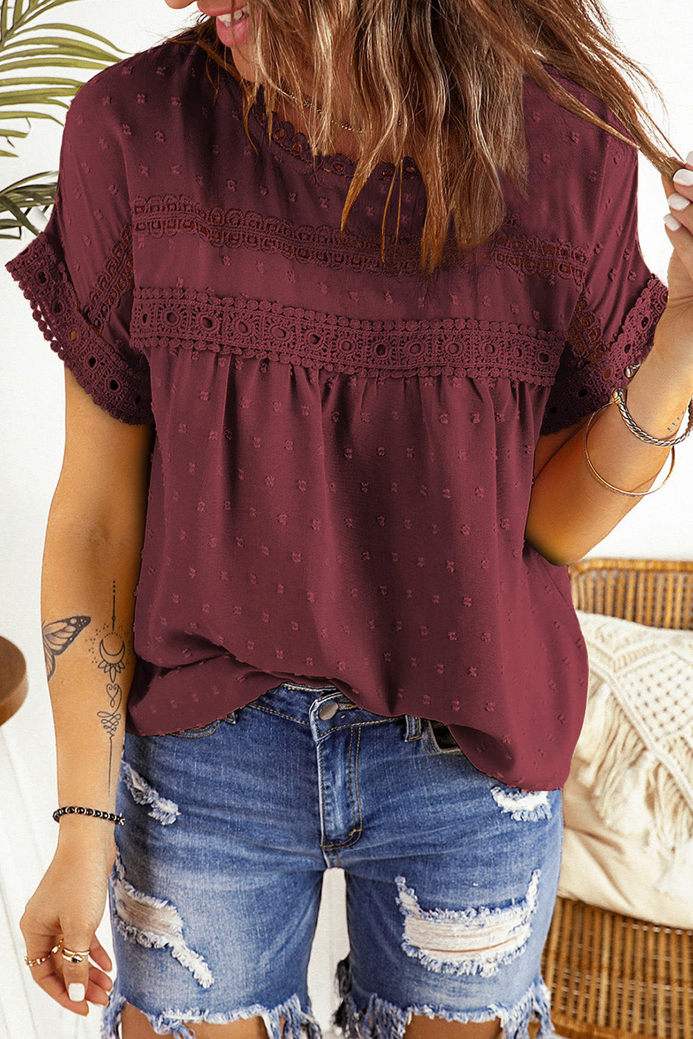 Swiss Dot Decorative Button Blouse