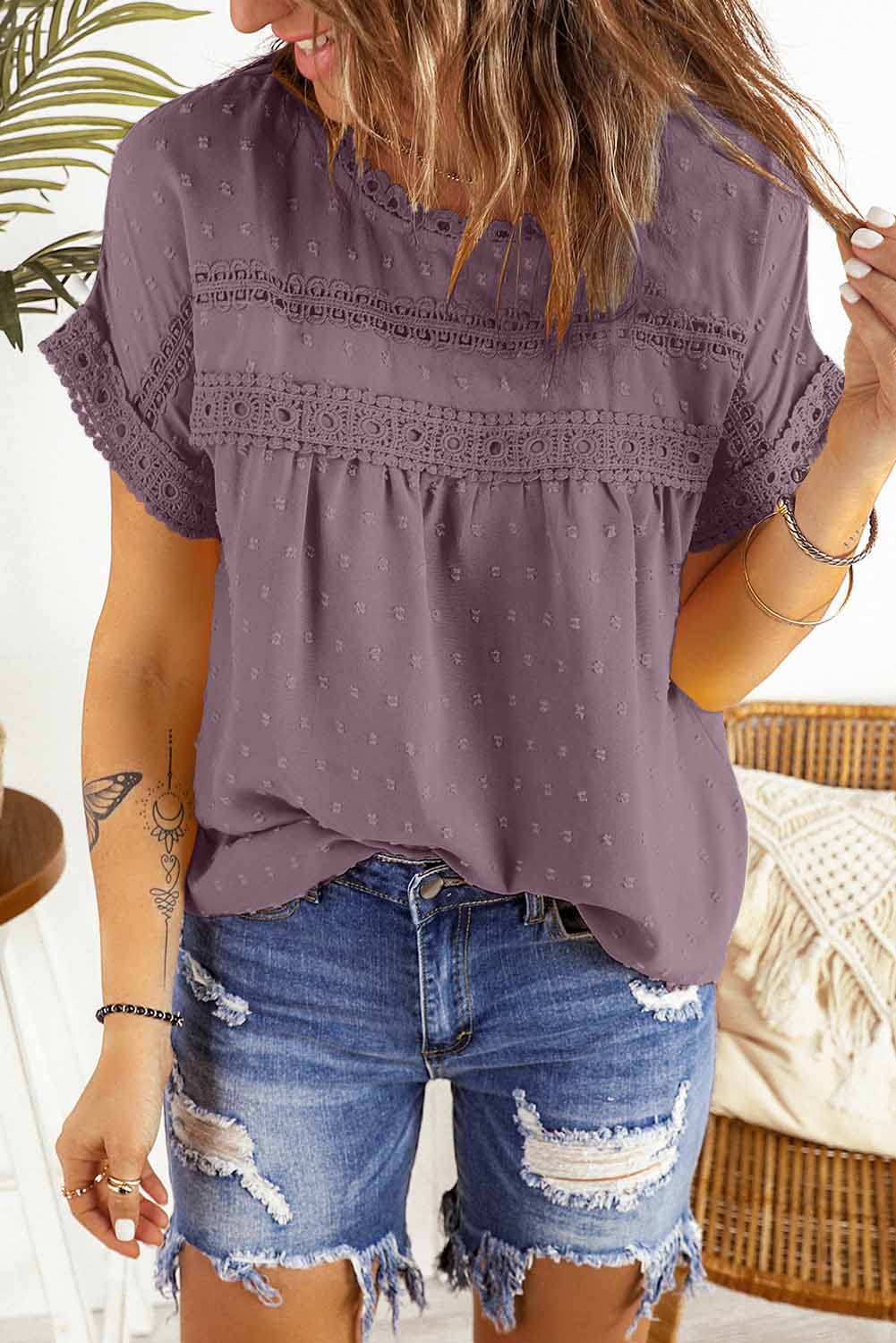 Swiss Dot Decorative Button Blouse