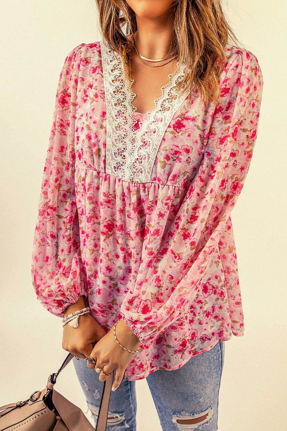 Wanda Lace Trim Balloon Sleeve Blouse