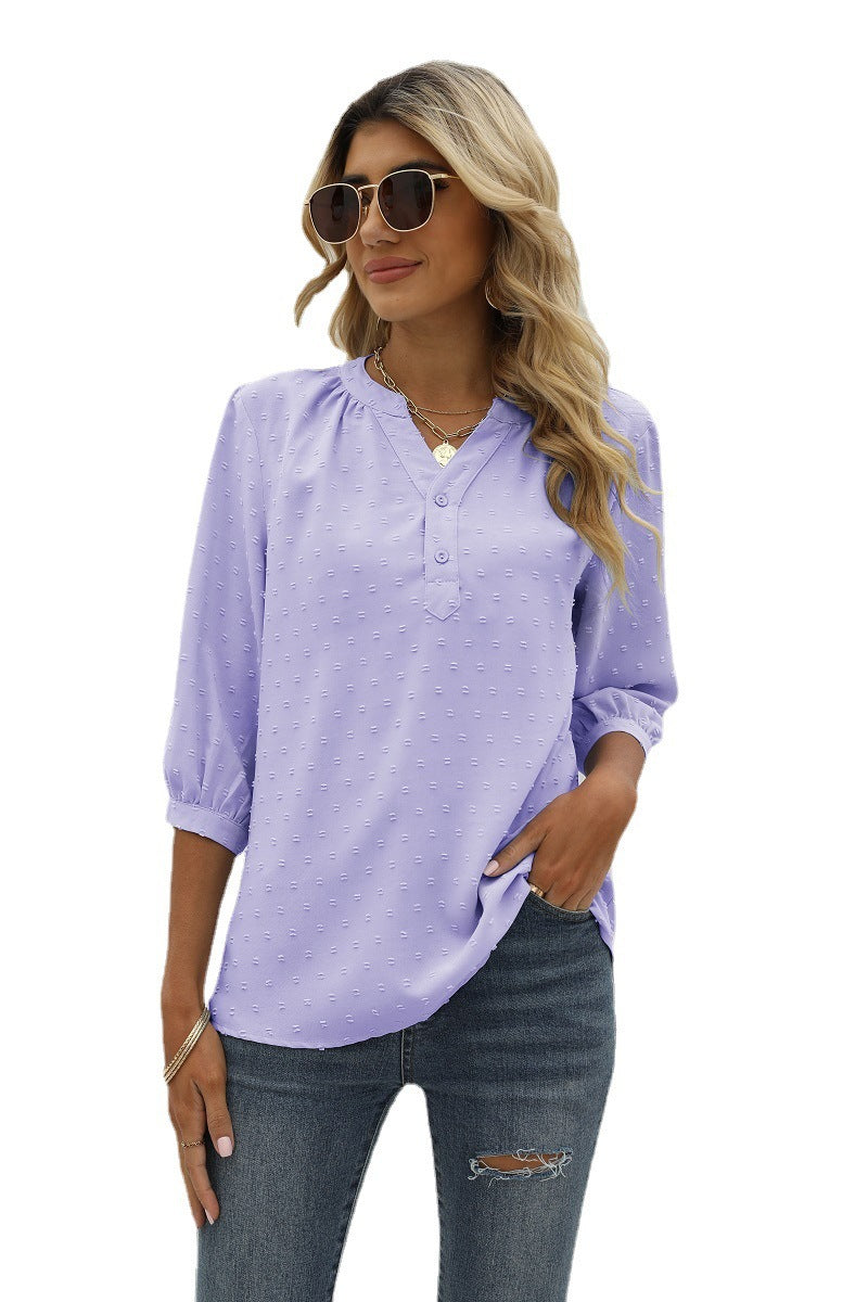 Reagan Swiss Dot Three-Quarter Sleeve Blouse
