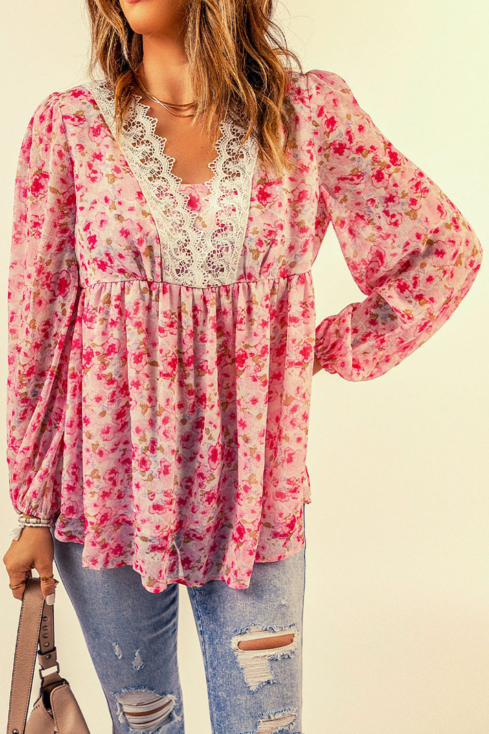 Wanda Lace Trim Balloon Sleeve Blouse