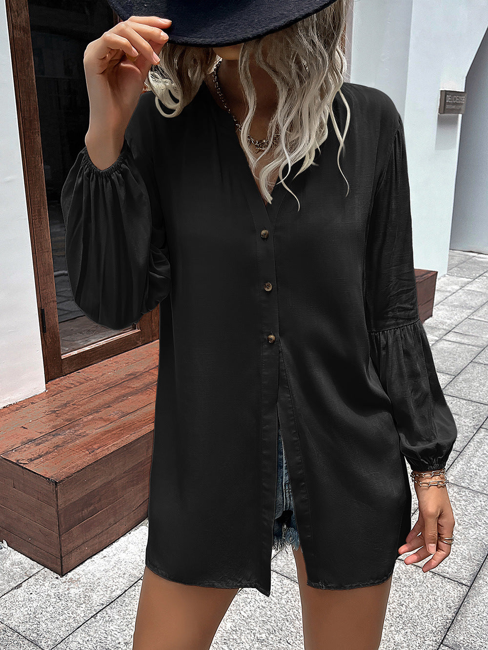 Almost Buttoned Balloon Sleeve Shirt