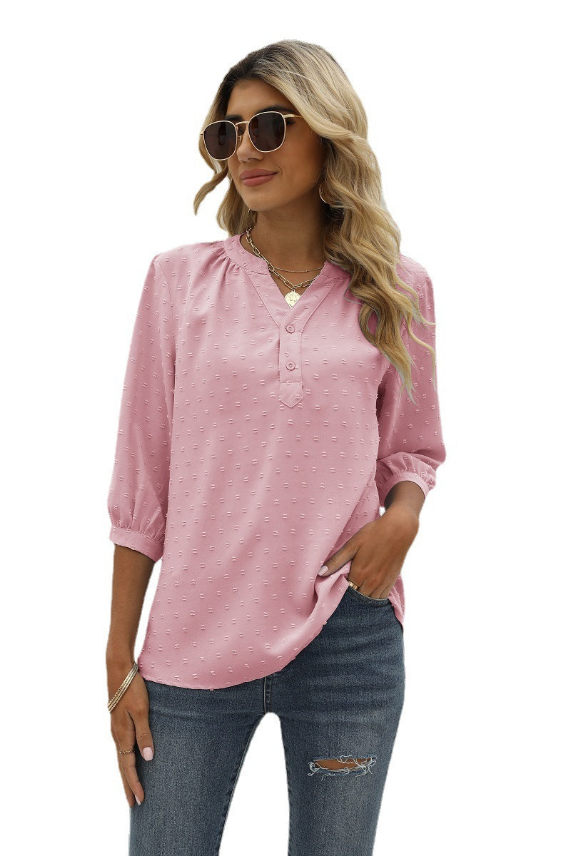 Reagan Swiss Dot Three-Quarter Sleeve Blouse