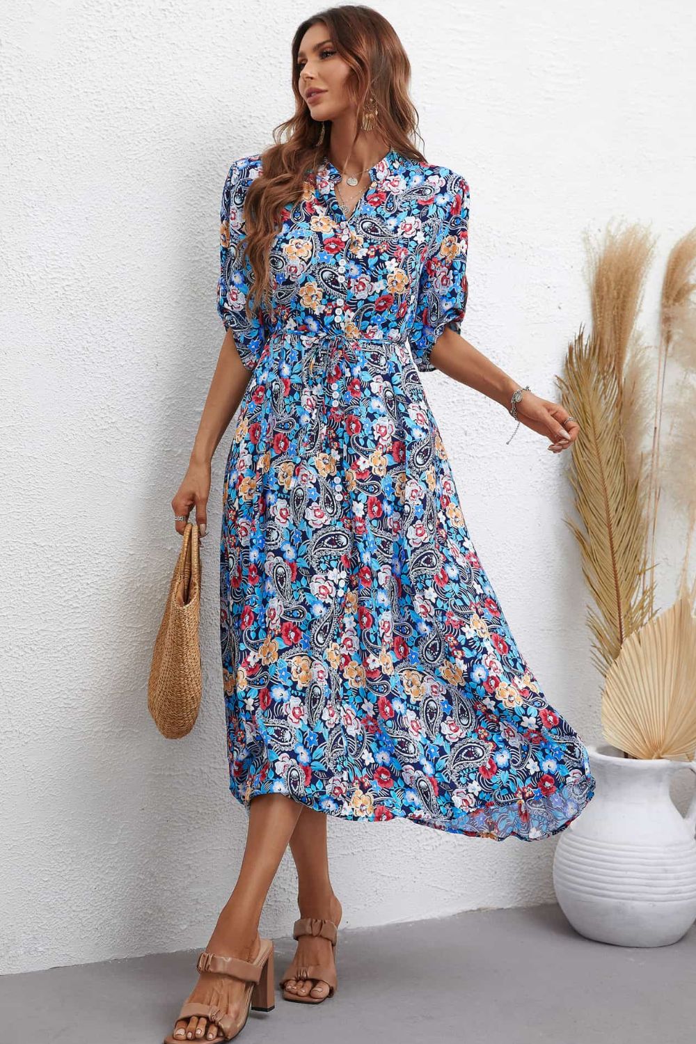 The Floral Notched Half Sleeve Dress