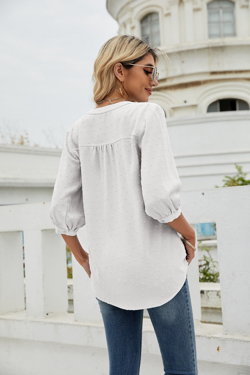 Reagan Swiss Dot Three-Quarter Sleeve Blouse