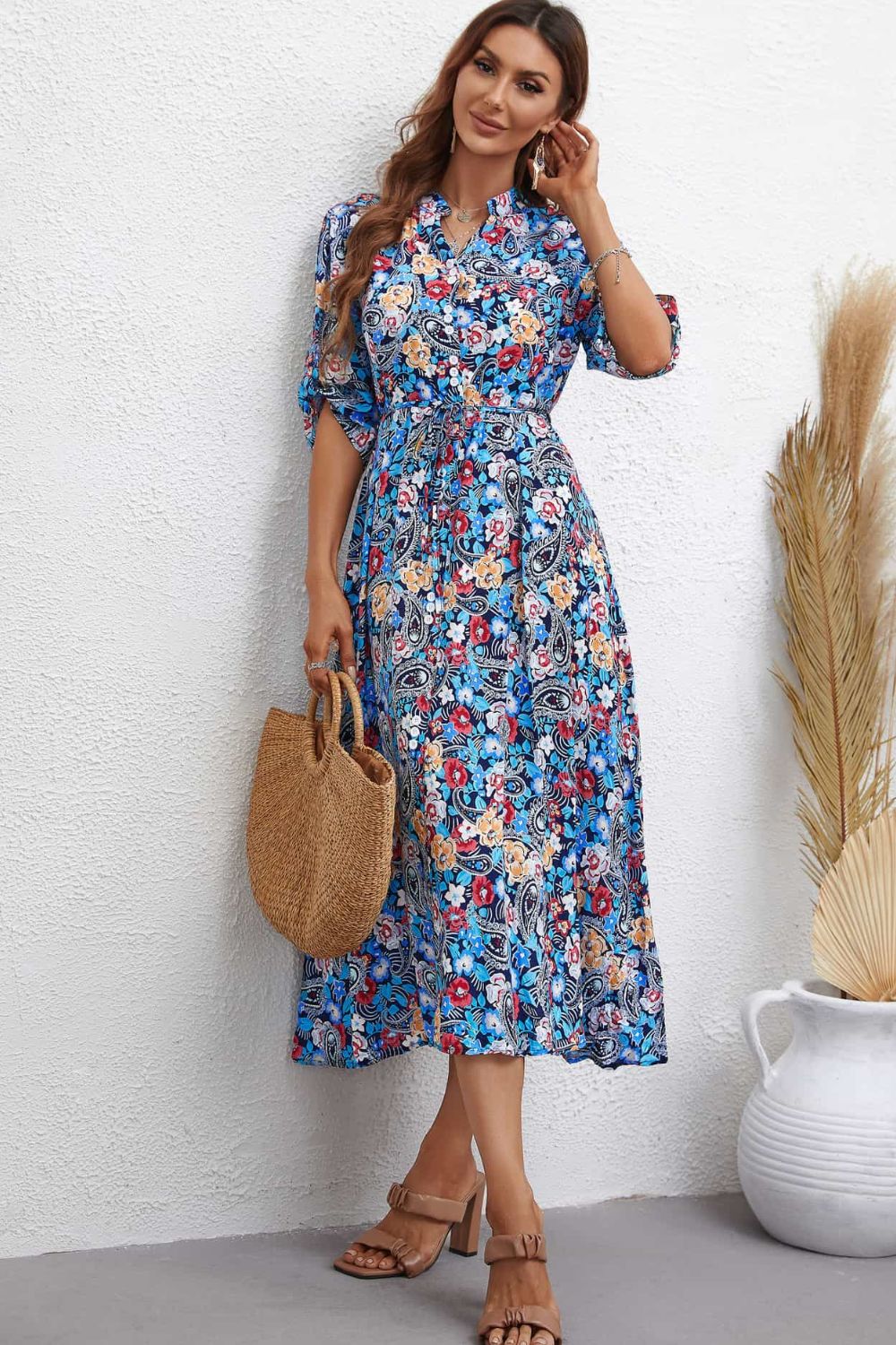 The Floral Notched Half Sleeve Dress