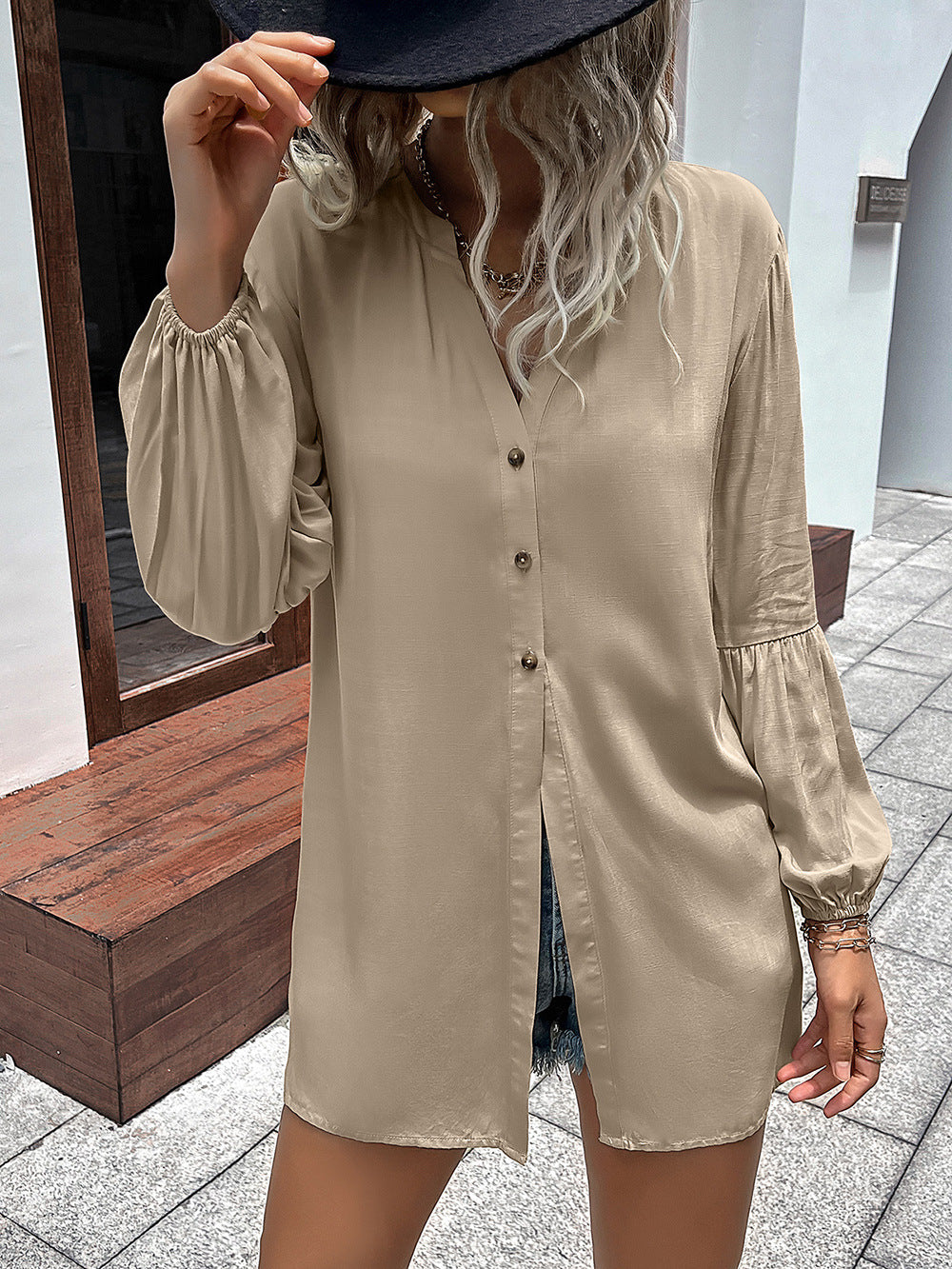 Almost Buttoned Balloon Sleeve Shirt
