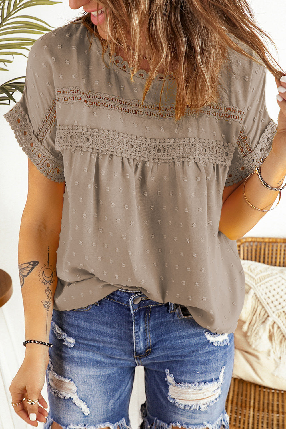Swiss Dot Decorative Button Blouse
