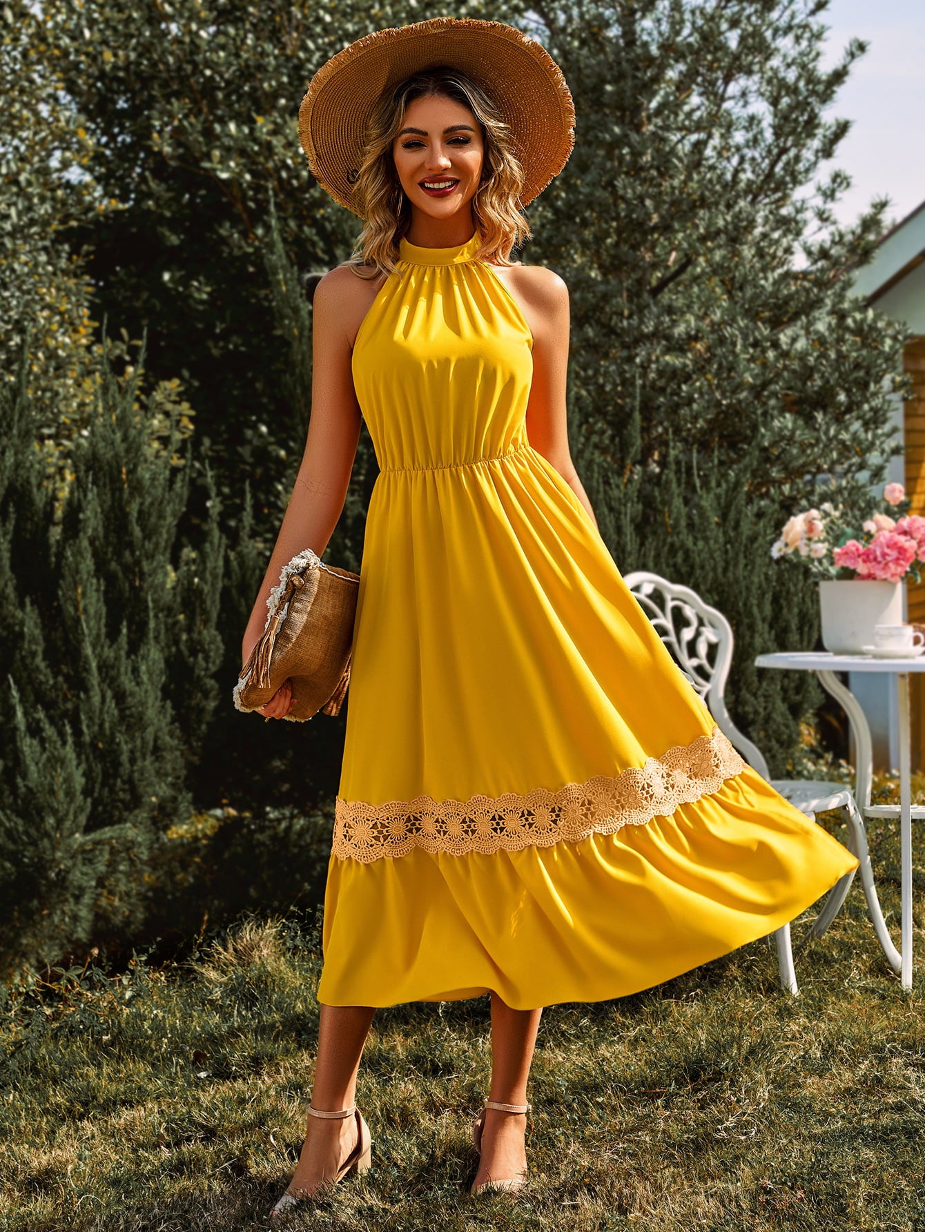 Lauralee Neck Spliced Lace Midi Dress