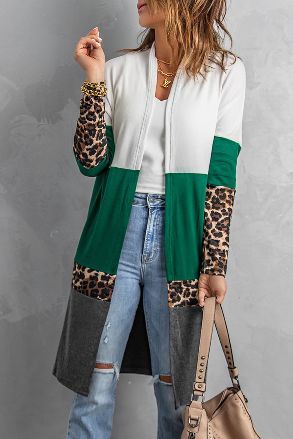 Leopard Color Block Longline Cardigan