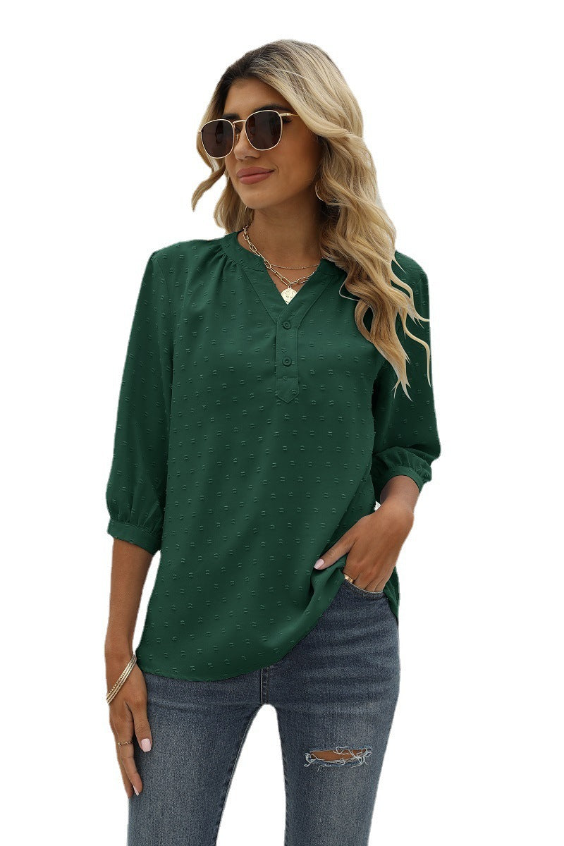 Reagan Swiss Dot Three-Quarter Sleeve Blouse
