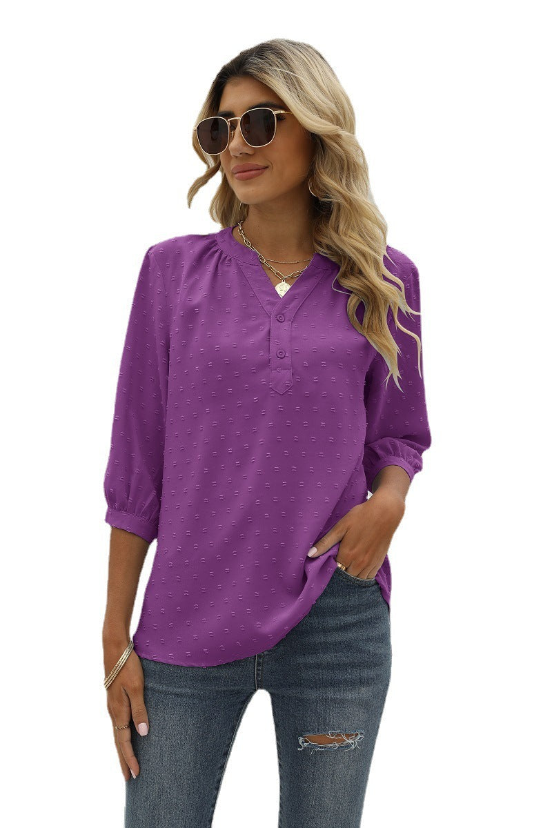 Reagan Swiss Dot Three-Quarter Sleeve Blouse