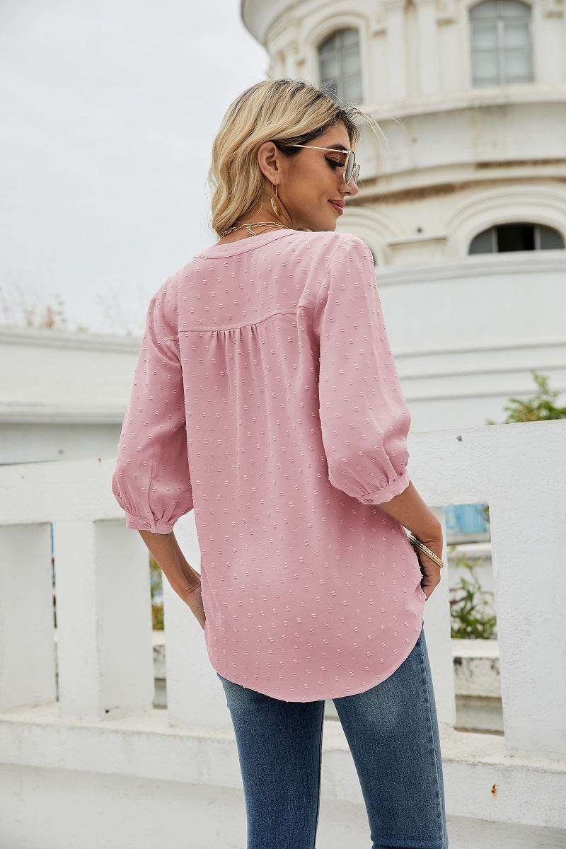 Reagan Swiss Dot Three-Quarter Sleeve Blouse