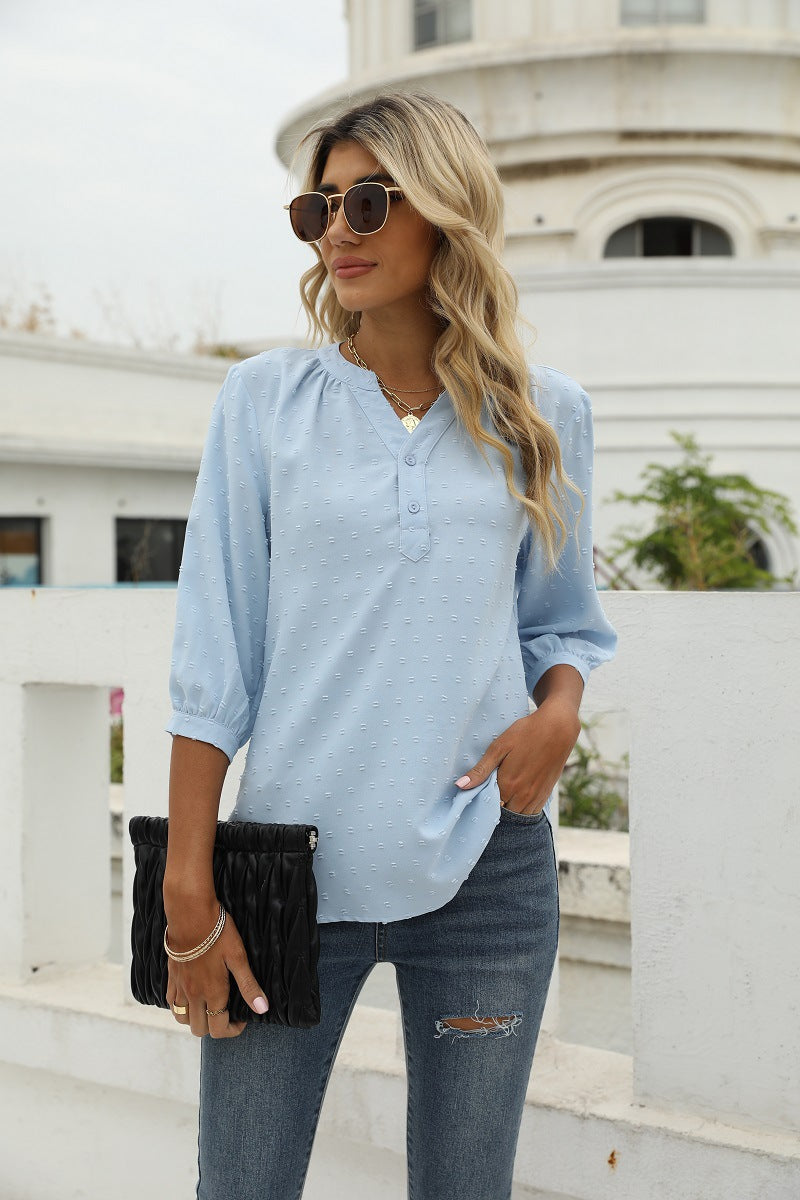 Reagan Swiss Dot Three-Quarter Sleeve Blouse