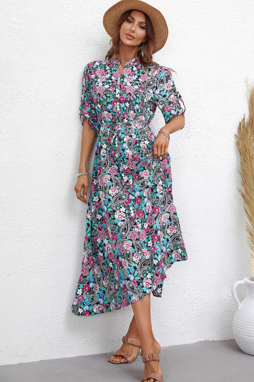 The Floral Notched Half Sleeve Dress