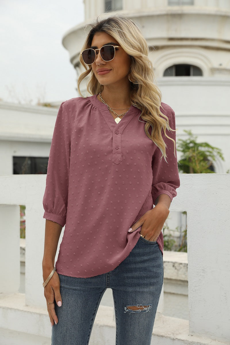 Reagan Swiss Dot Three-Quarter Sleeve Blouse