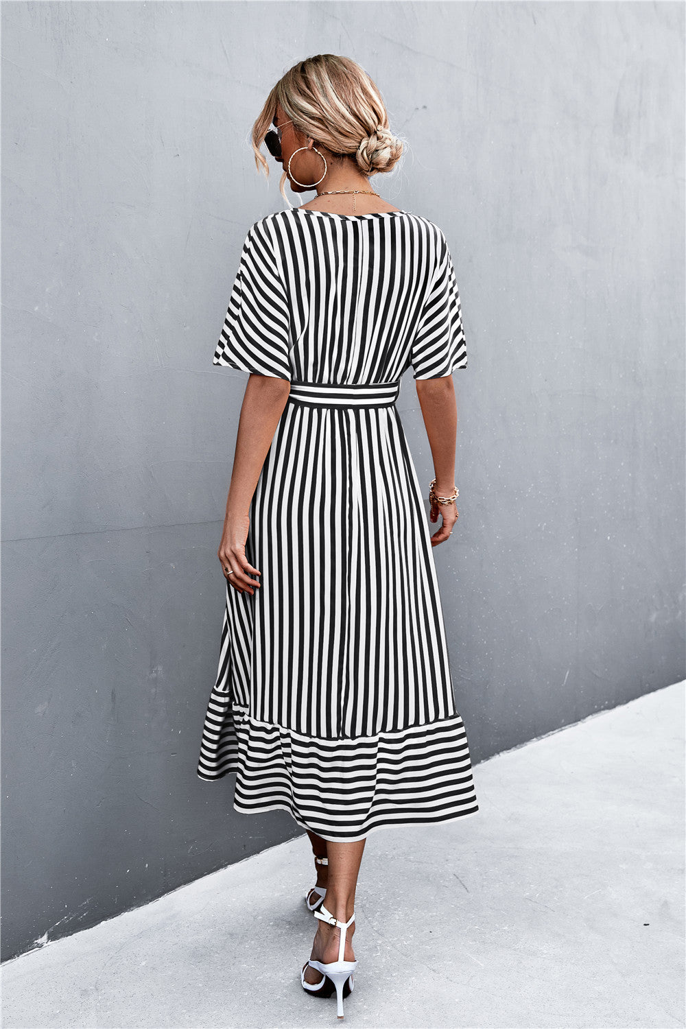 Striped In Style Tie Belt Midi Dress