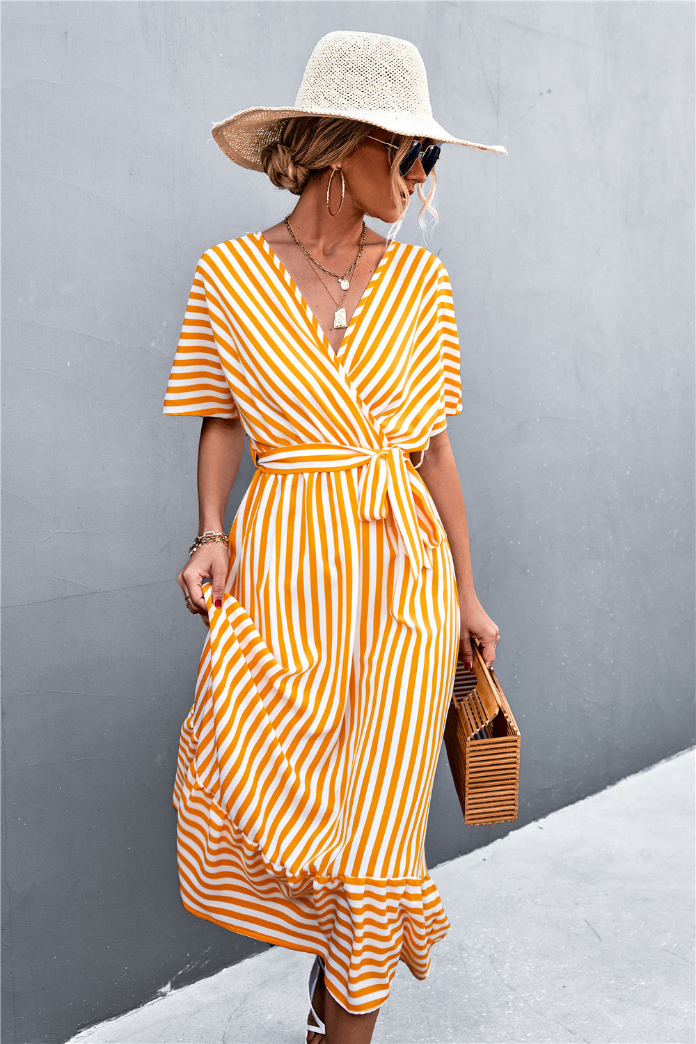 Striped In Style Tie Belt Midi Dress