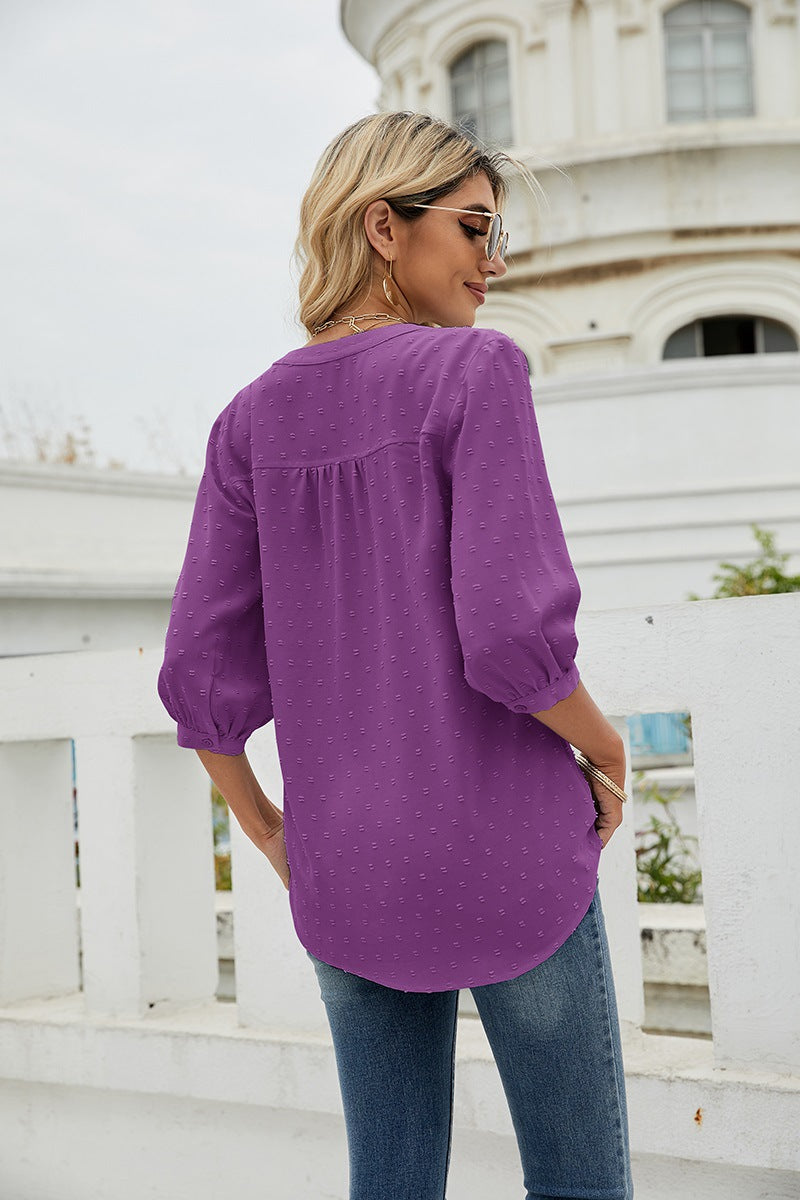Reagan Swiss Dot Three-Quarter Sleeve Blouse