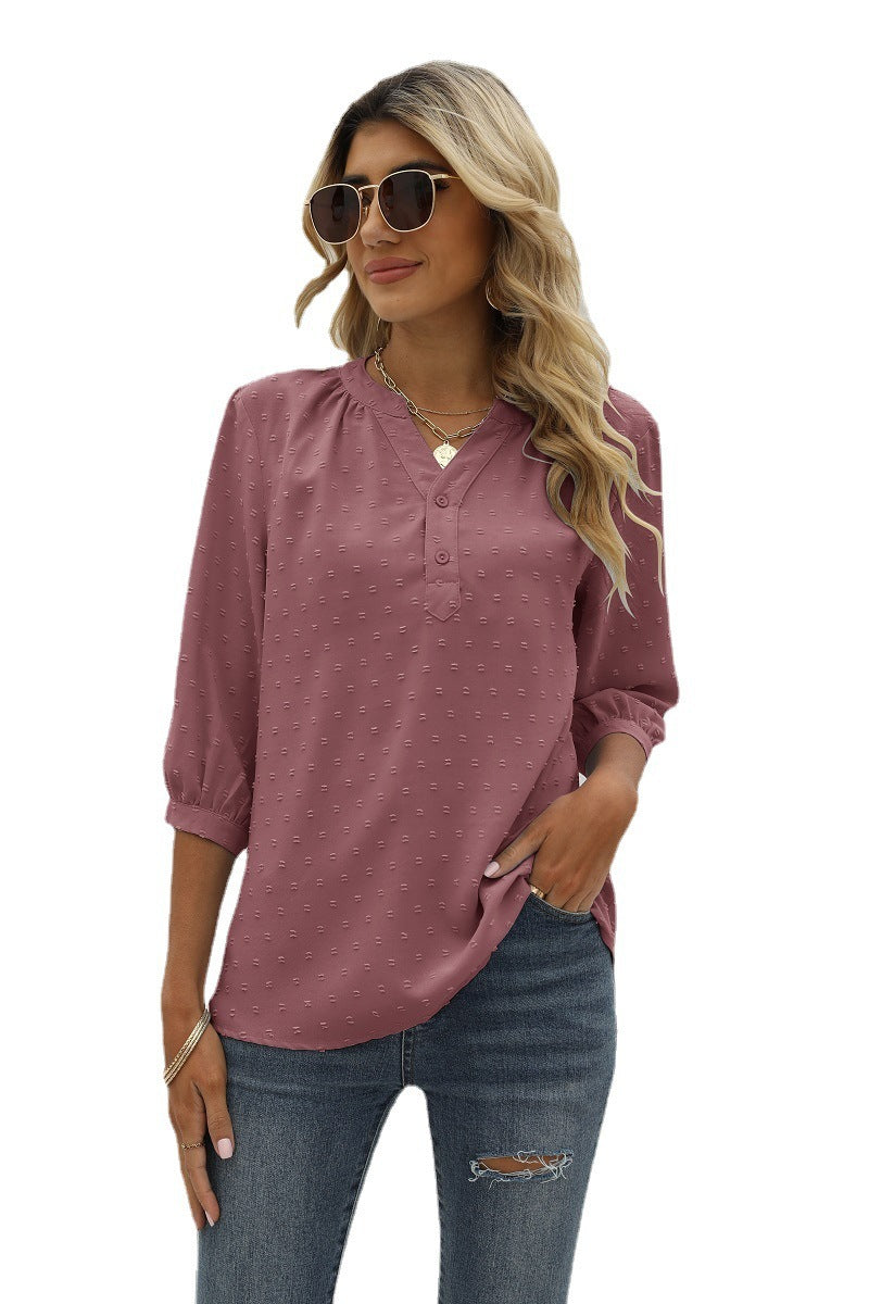 Reagan Swiss Dot Three-Quarter Sleeve Blouse