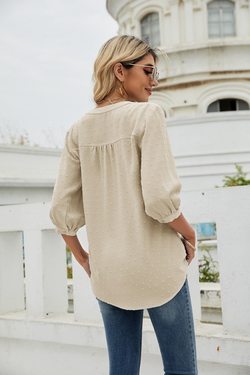 Reagan Swiss Dot Three-Quarter Sleeve Blouse