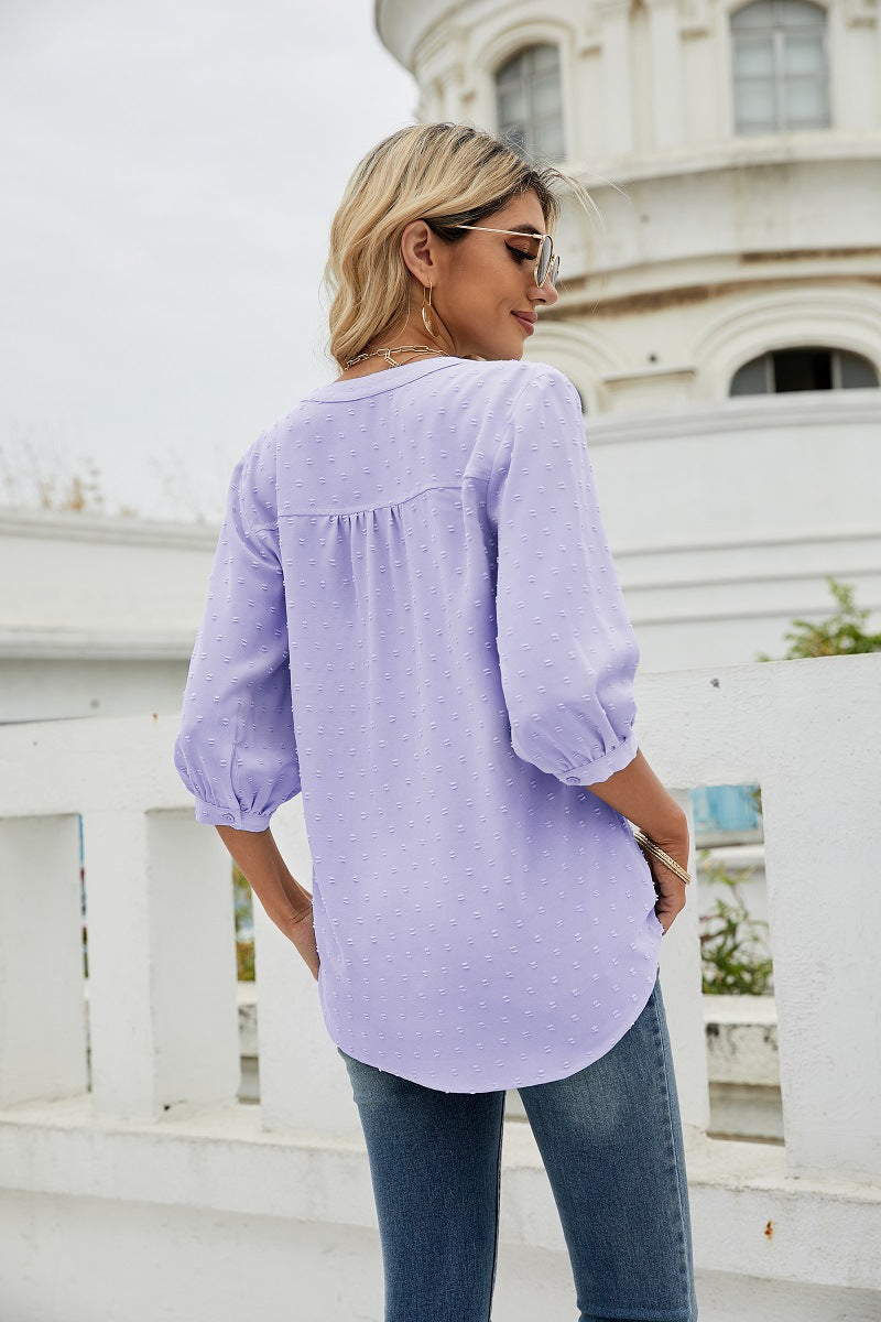 Reagan Swiss Dot Three-Quarter Sleeve Blouse