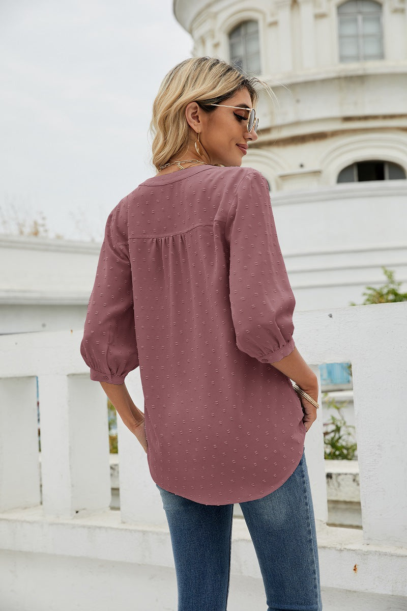Reagan Swiss Dot Three-Quarter Sleeve Blouse
