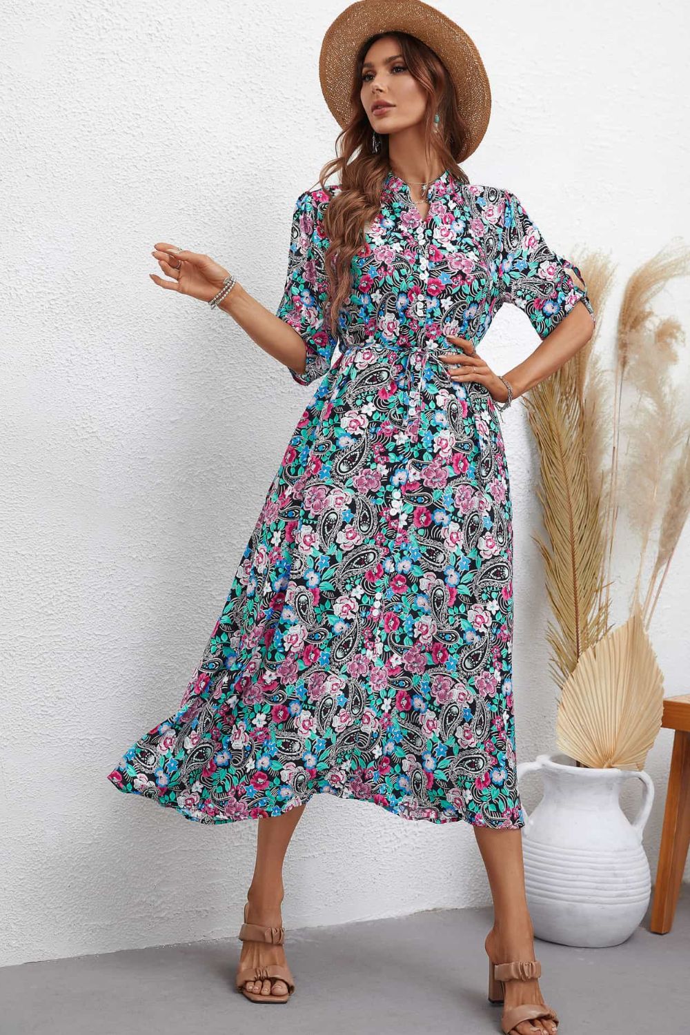 The Floral Notched Half Sleeve Dress