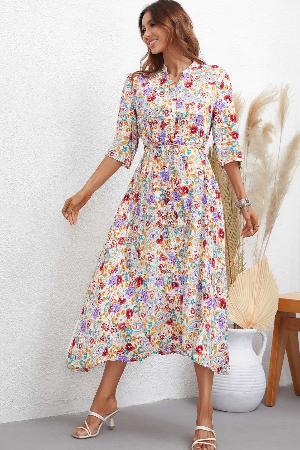 The Floral Notched Half Sleeve Dress
