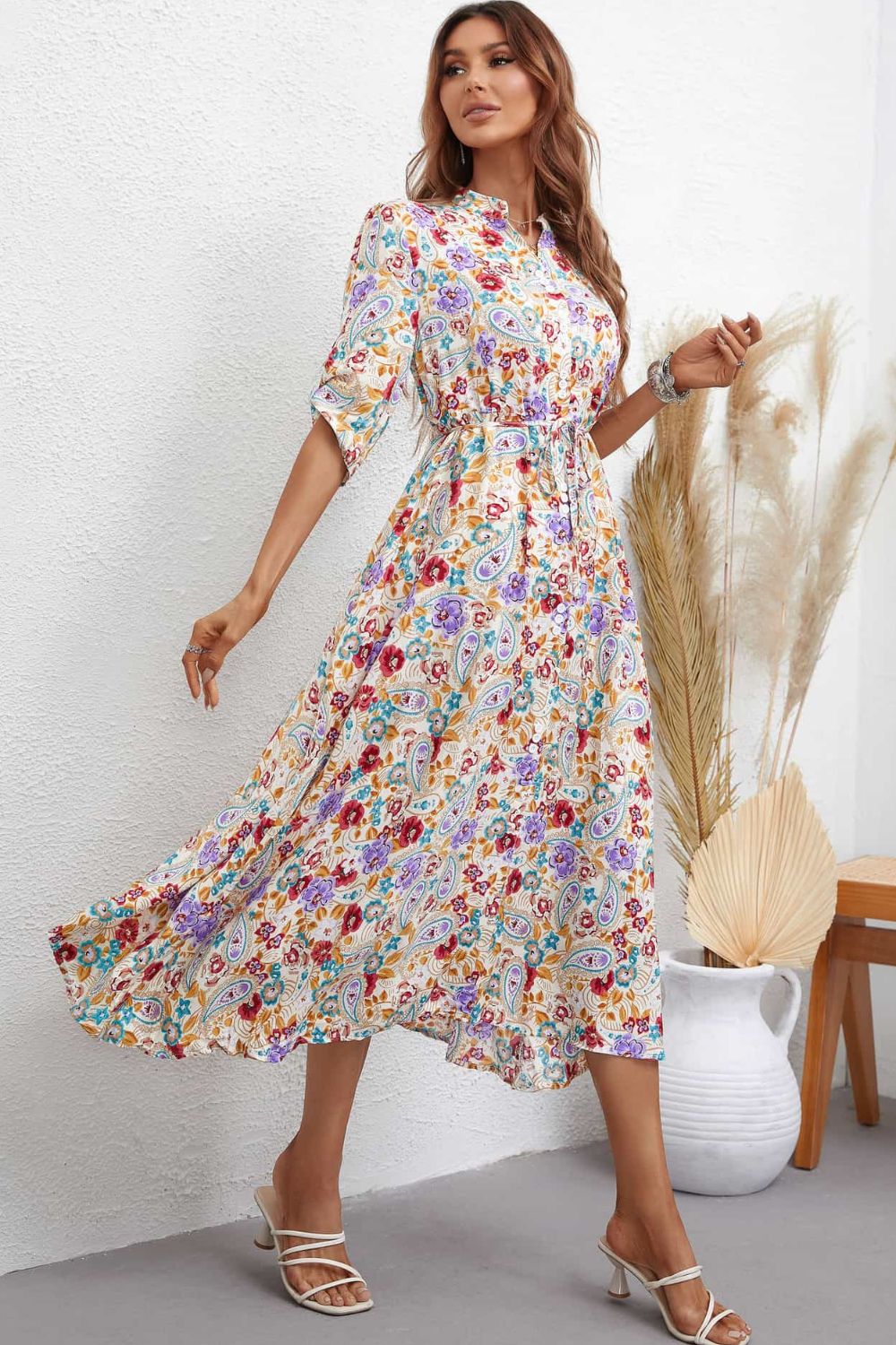 The Floral Notched Half Sleeve Dress
