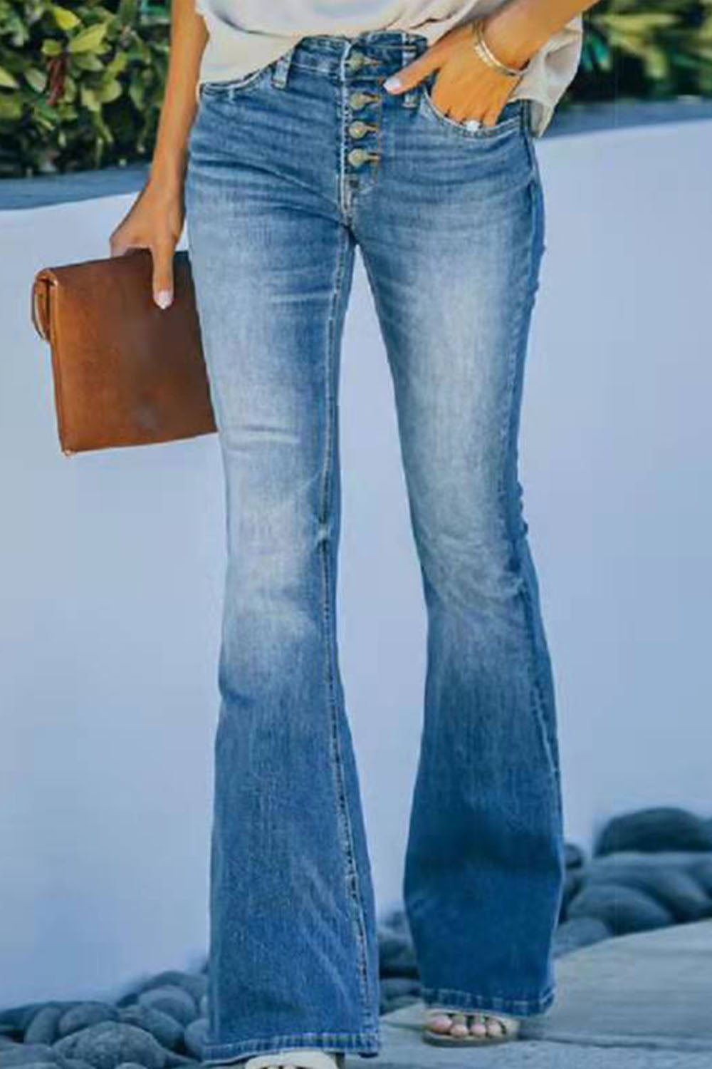 Button Up Wide Leg Long Jeans