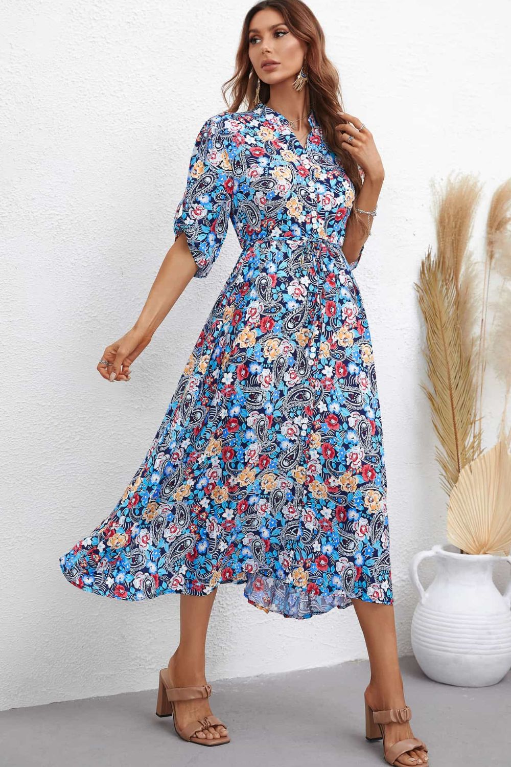 The Floral Notched Half Sleeve Dress