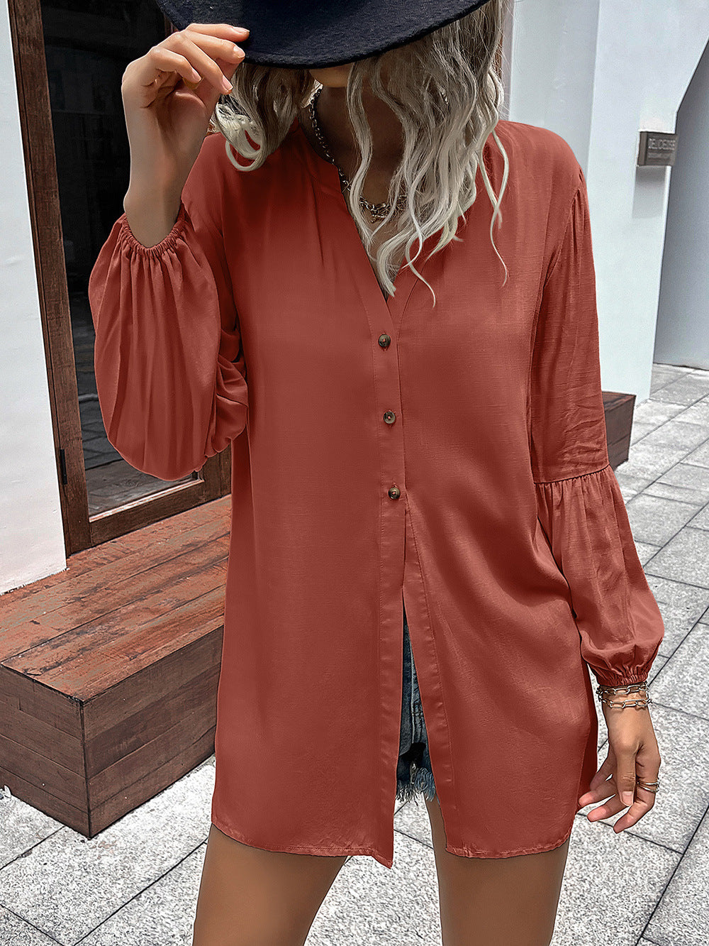 Almost Buttoned Balloon Sleeve Shirt