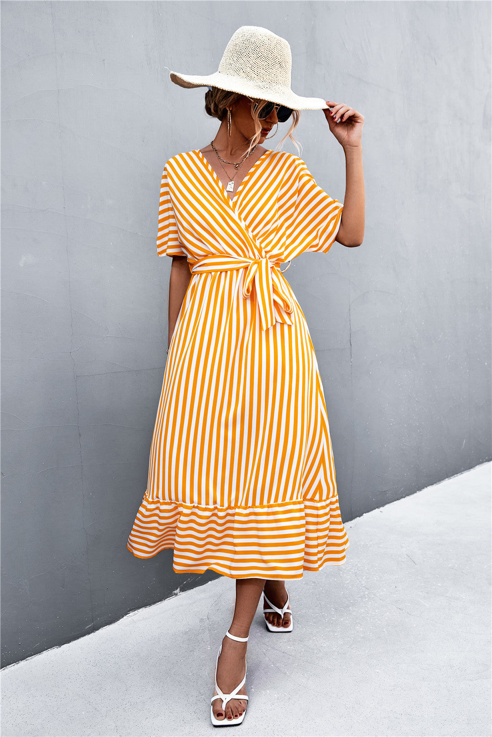 Striped In Style Tie Belt Midi Dress
