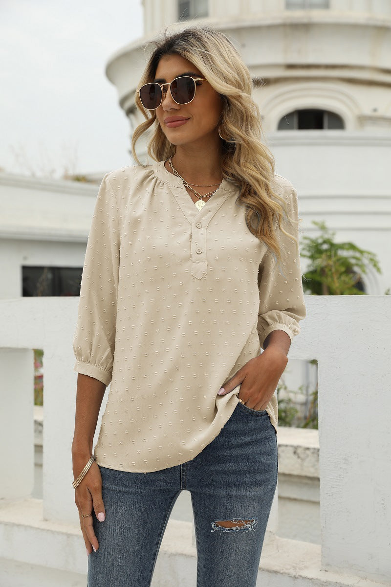 Reagan Swiss Dot Three-Quarter Sleeve Blouse