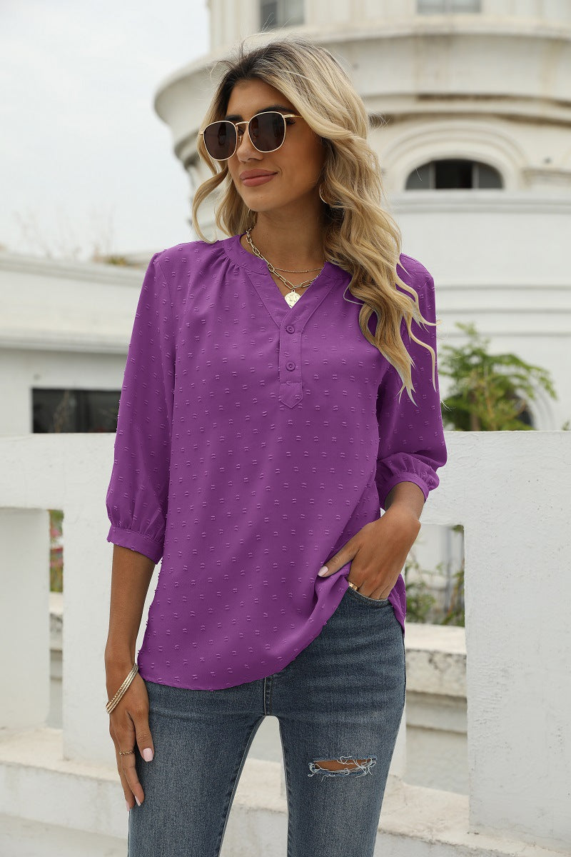 Reagan Swiss Dot Three-Quarter Sleeve Blouse