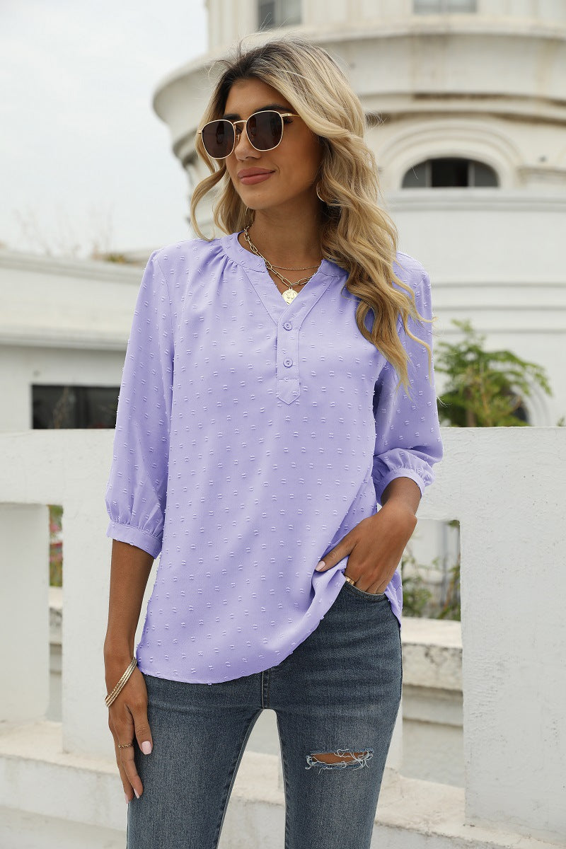 Reagan Swiss Dot Three-Quarter Sleeve Blouse