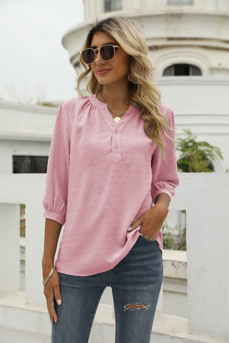 Reagan Swiss Dot Three-Quarter Sleeve Blouse