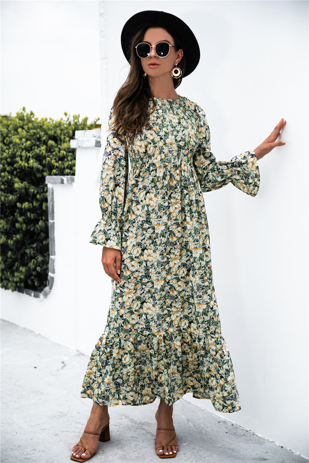 Melinda Printed Puff Sleeve Ruffle Maxi Dress
