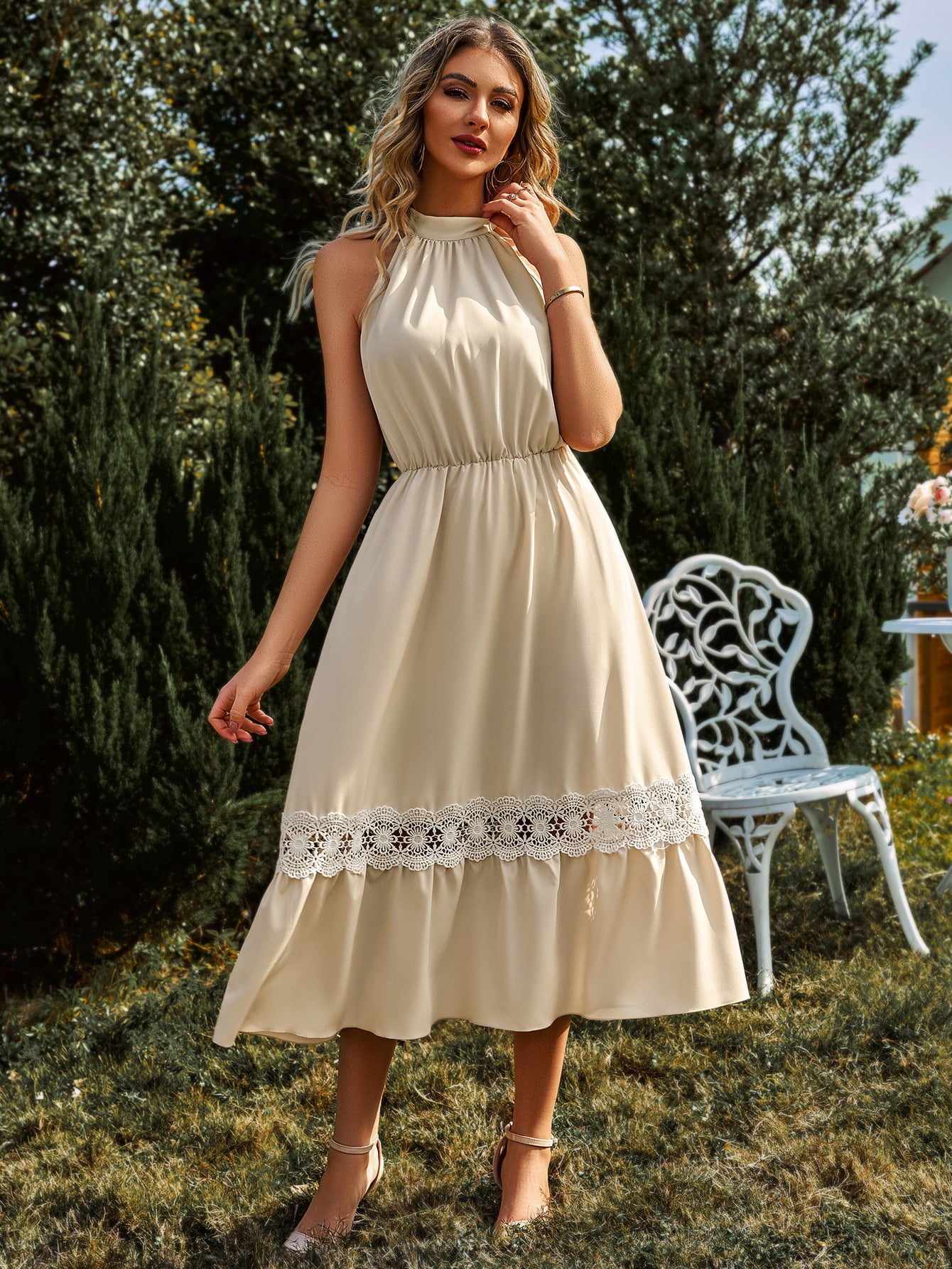 Lauralee Neck Spliced Lace Midi Dress