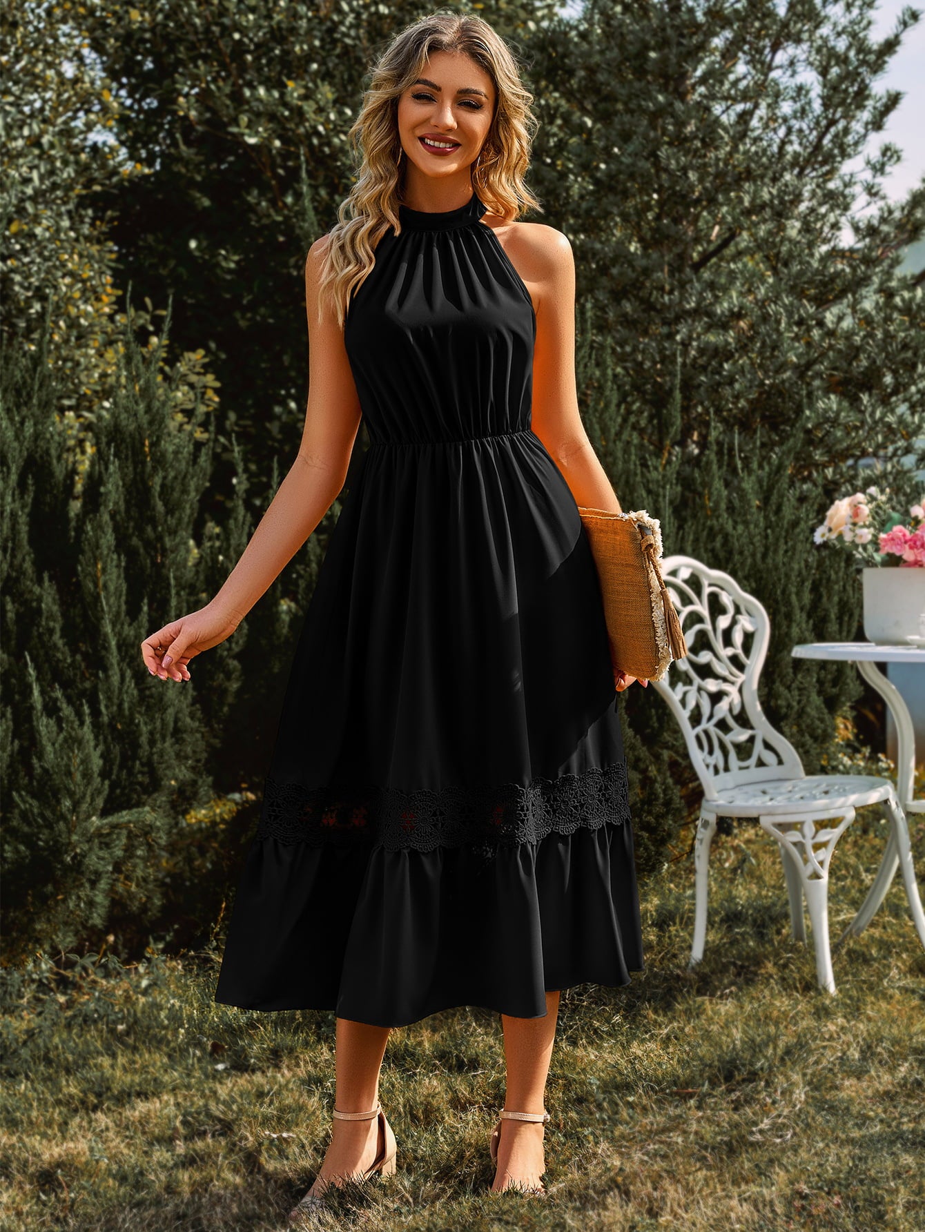 Lauralee Neck Spliced Lace Midi Dress