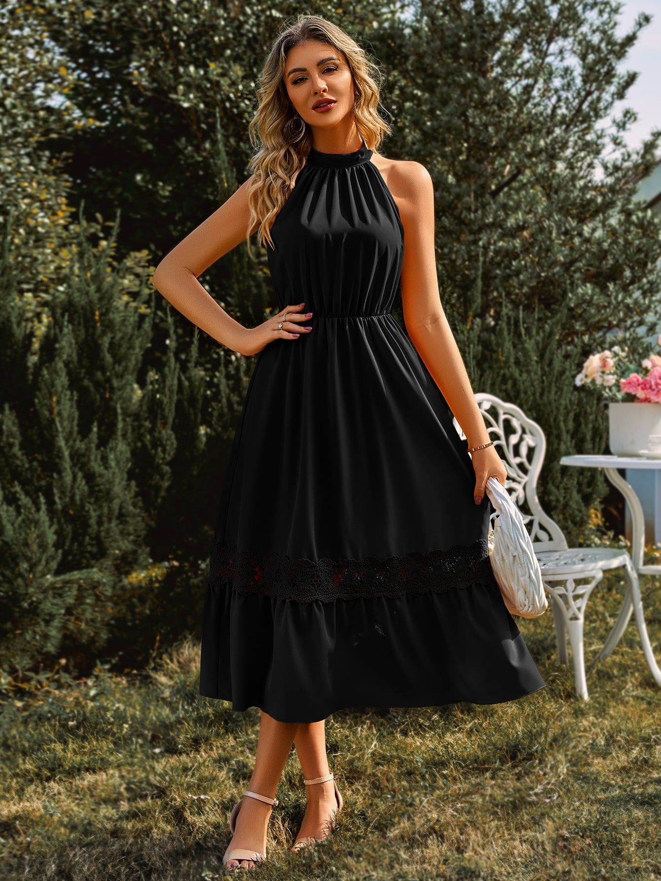 Lauralee Neck Spliced Lace Midi Dress