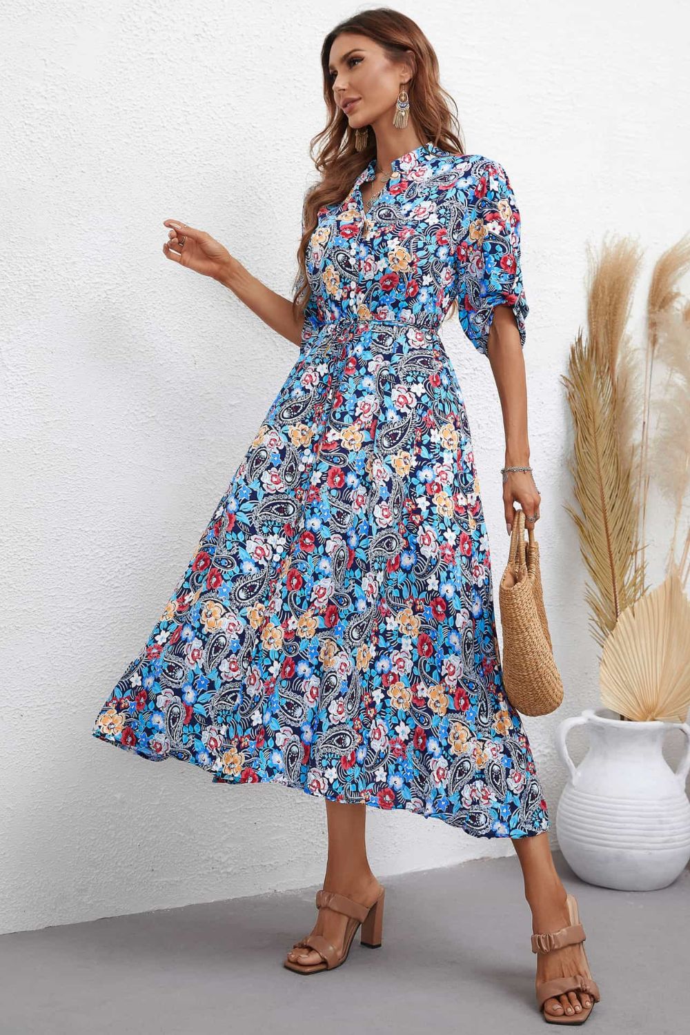 The Floral Notched Half Sleeve Dress