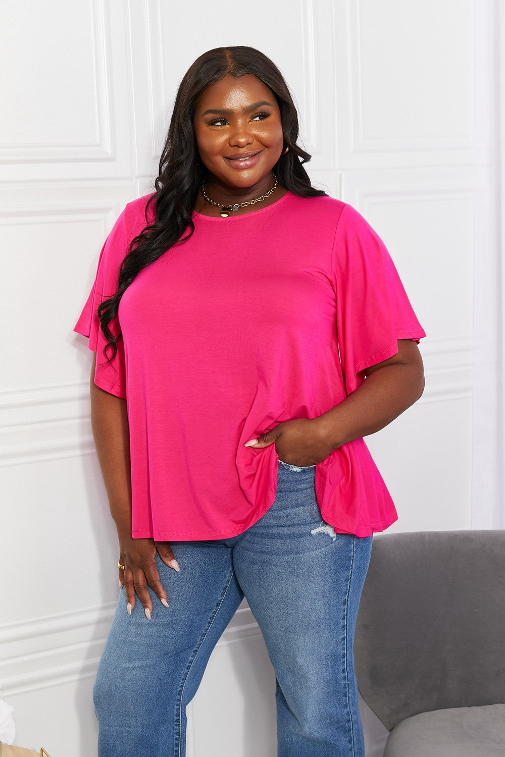 Pink Flutter Sleeve Full Size Top