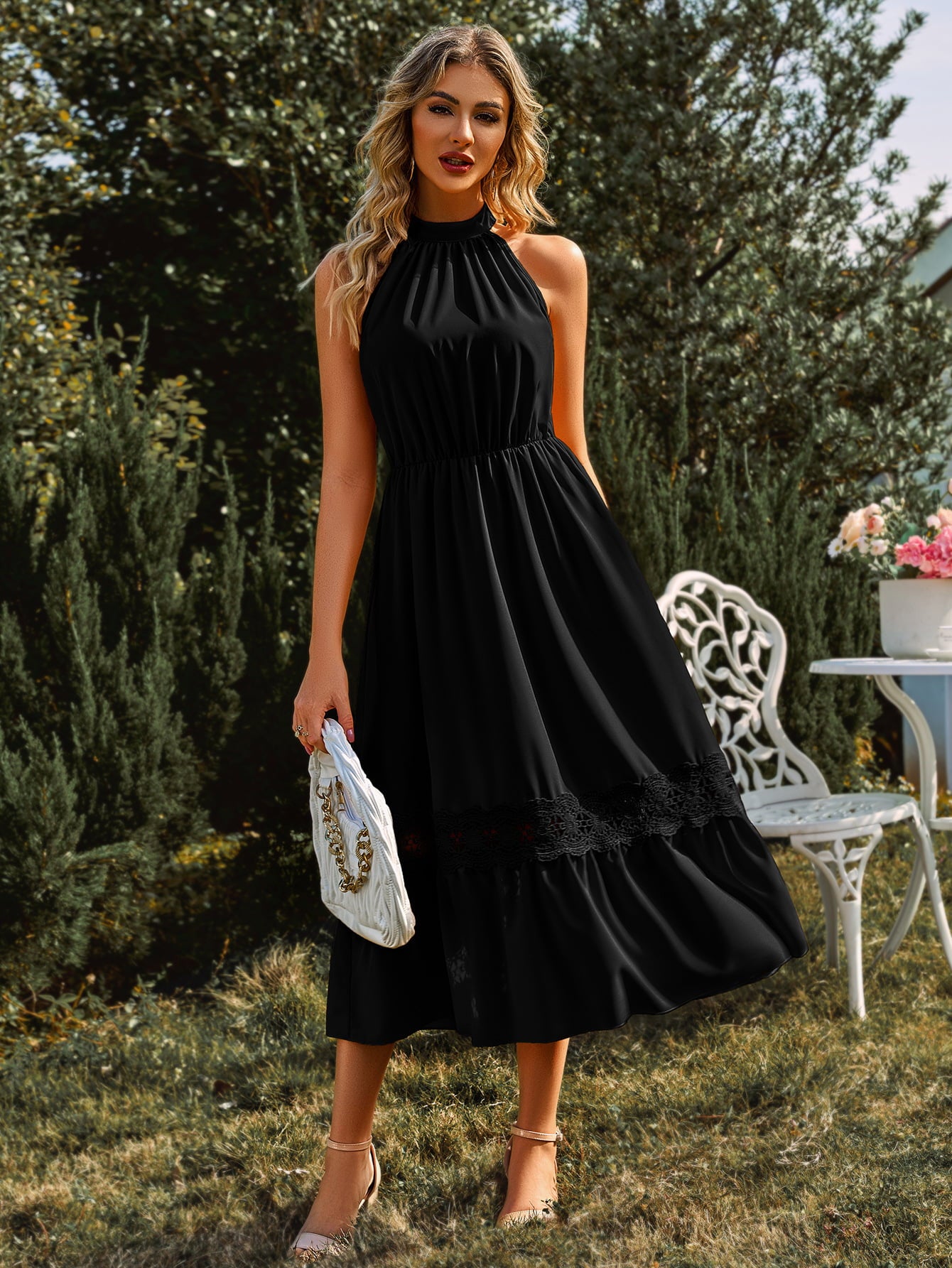 Lauralee Neck Spliced Lace Midi Dress
