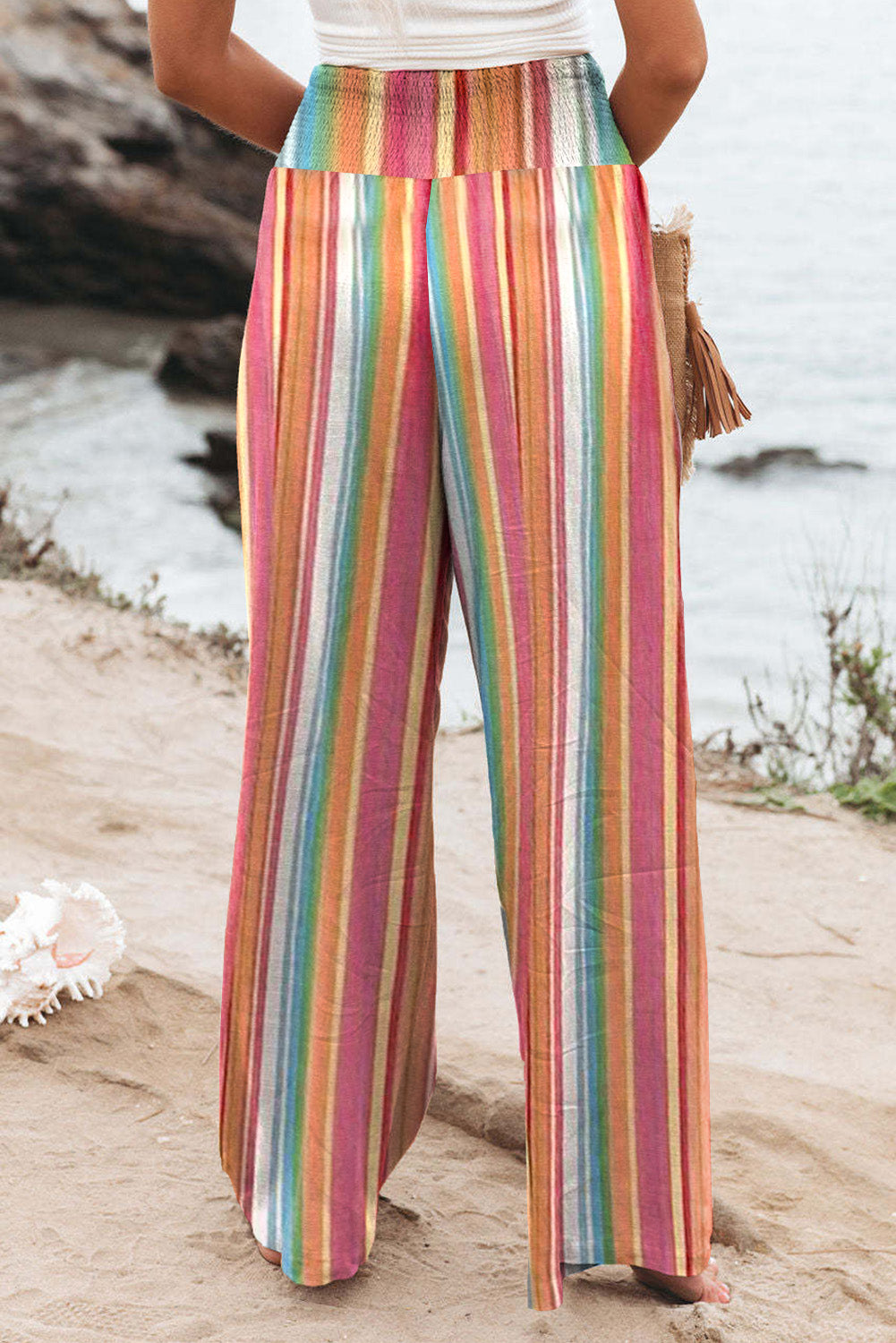 Melon Stripes Smocked Waist Pants with Pockets