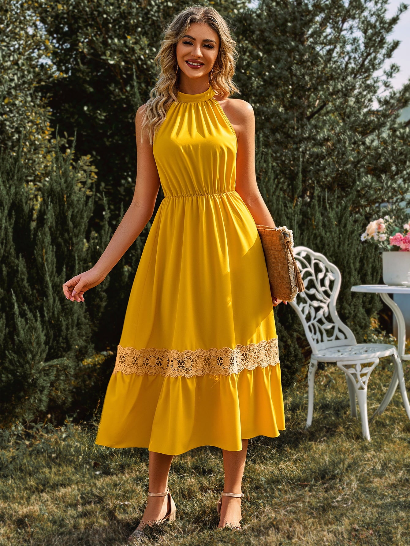 Lauralee Neck Spliced Lace Midi Dress