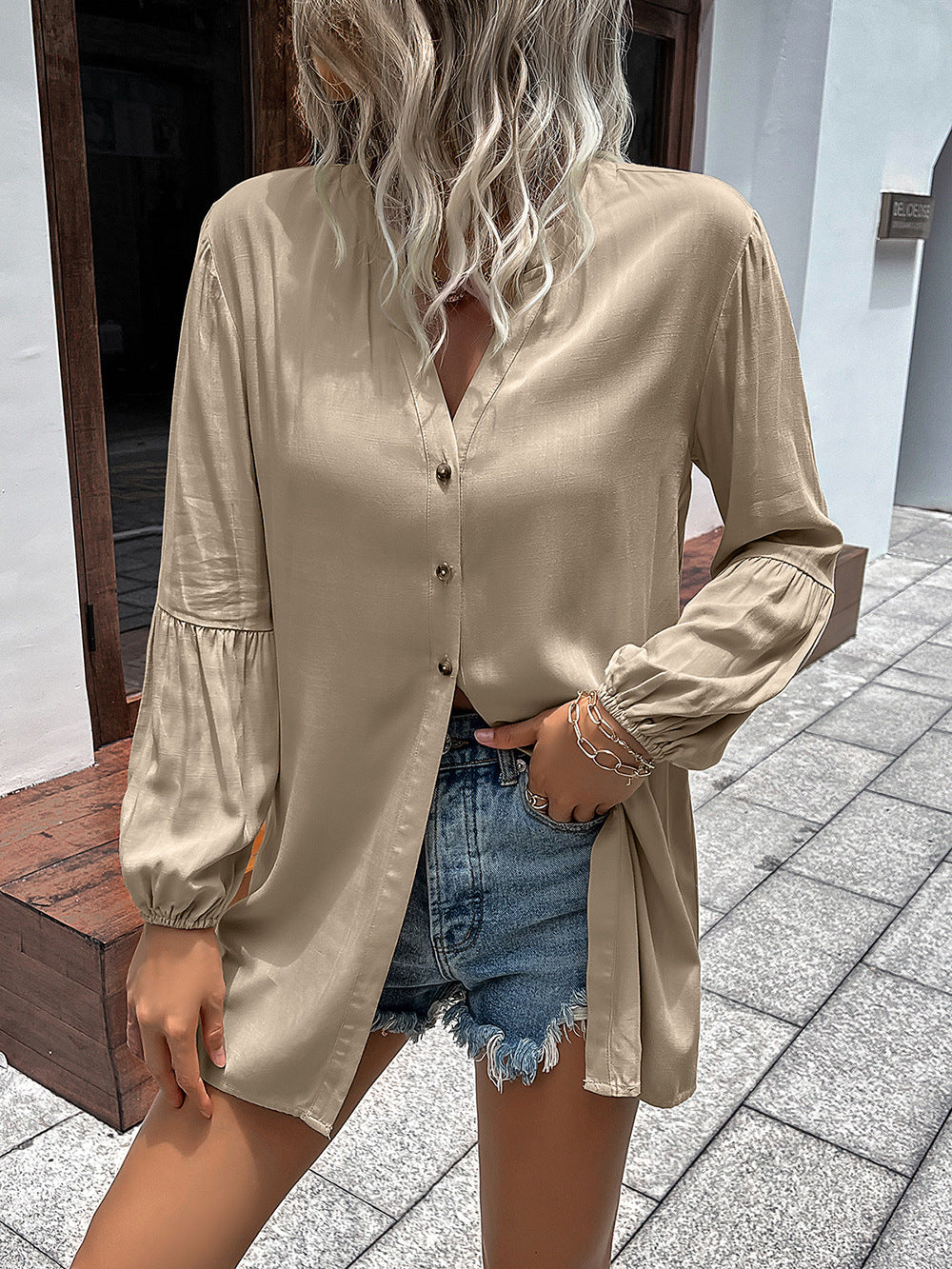 Almost Buttoned Balloon Sleeve Shirt