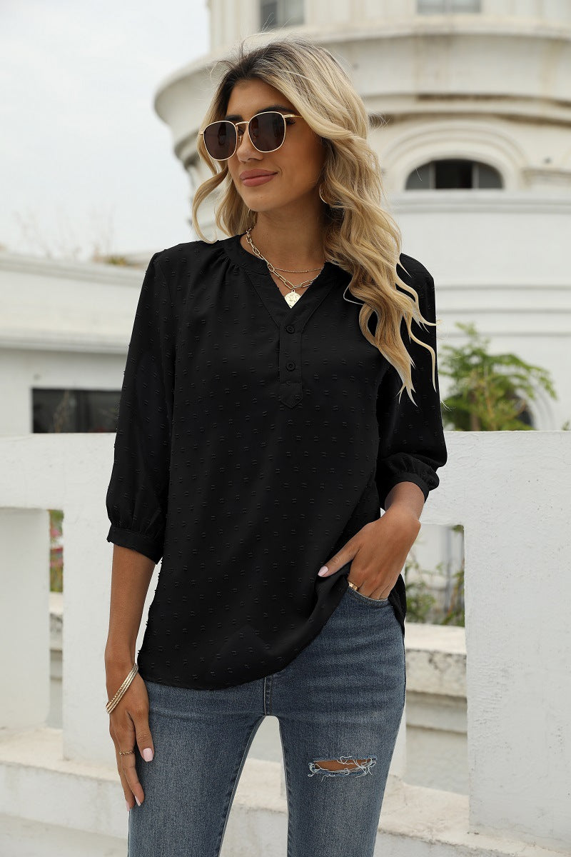 Reagan Swiss Dot Three-Quarter Sleeve Blouse